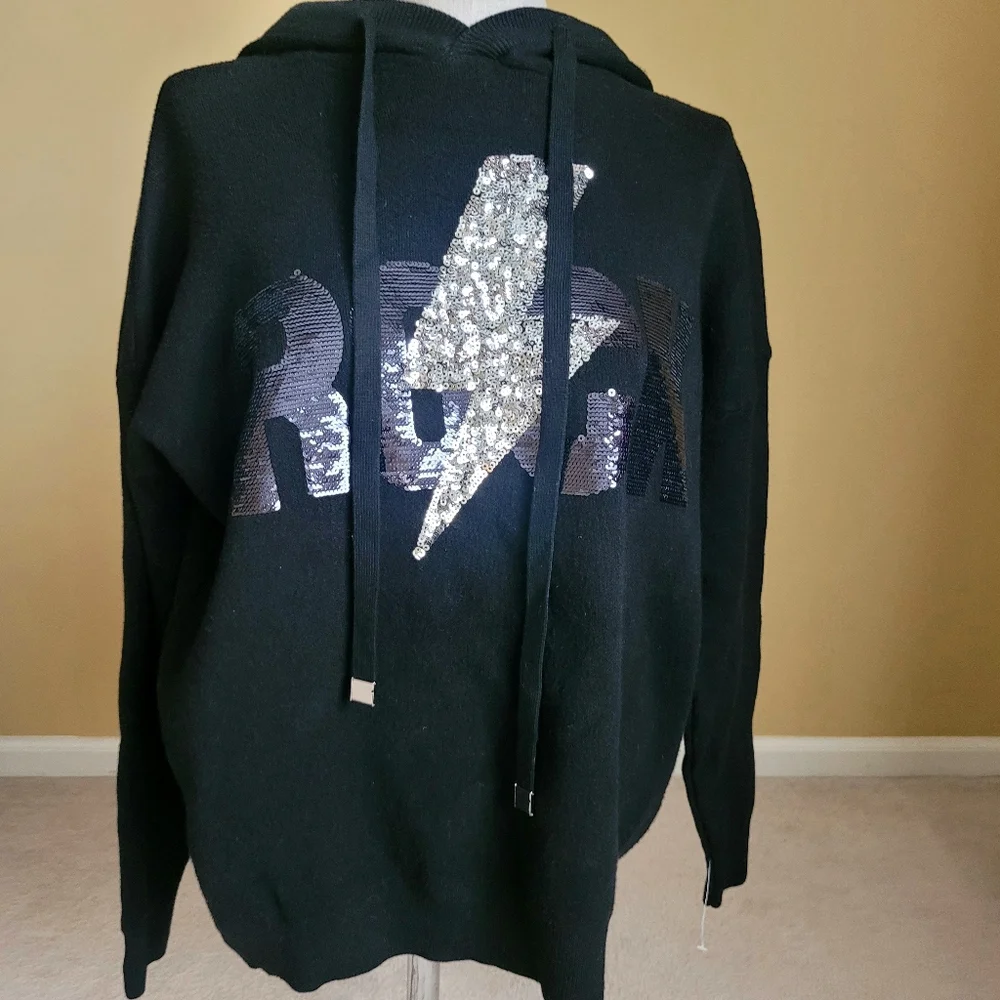 French Mc Lorene Black Sweater with Sequin Rock Design - One Size